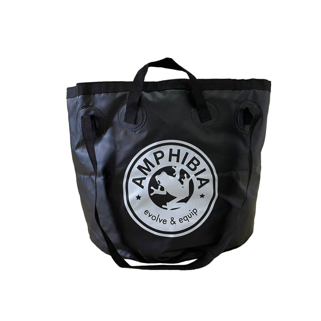 Black tote bag with Amphibia logo on a white background