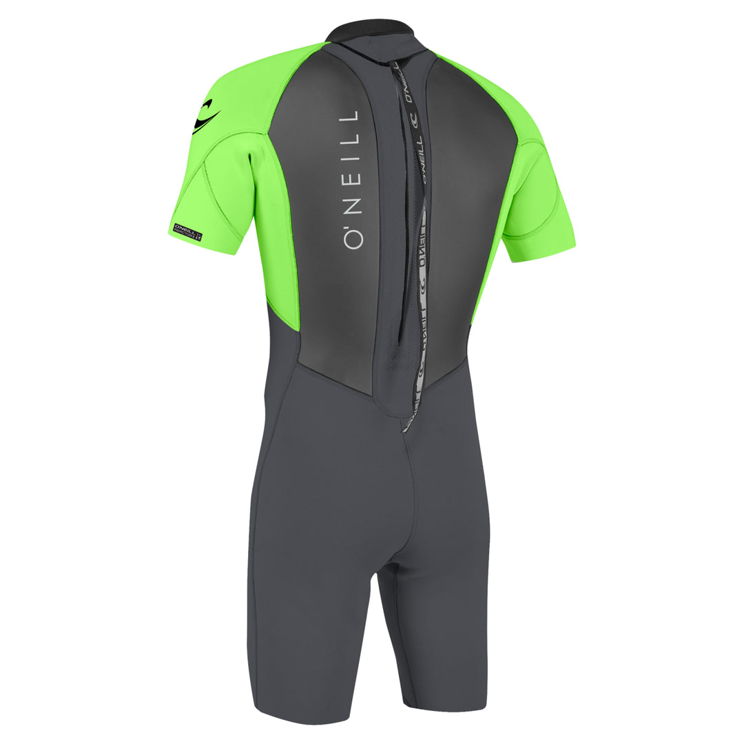 O'Neill Reactor II 2mm grey and green mens shorty wetsuit with O'Neill branding.  Back zip view.