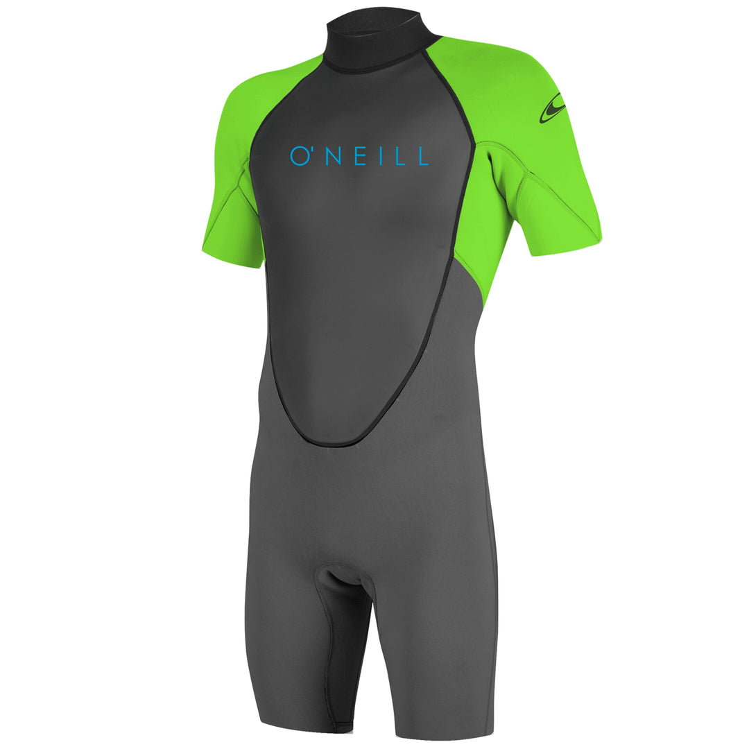 O'Neill Reactor II 2mm grey and green mens shorty wetsuit with O'Neill branding.  Front view.