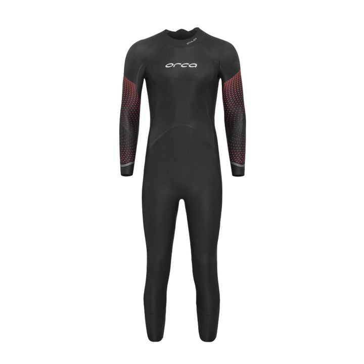 A black Orca Athlex Float V2 Triathlon Swimming Mens Wetsuit with red detailing on the sleeves.