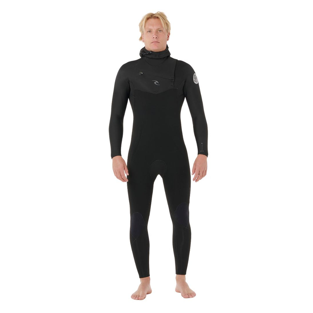 Person wearing a black wetsuit on a white background