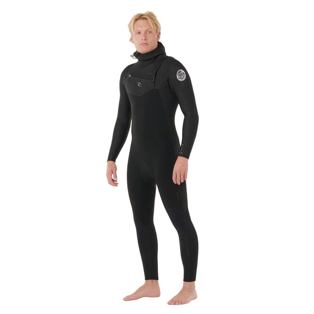 Person wearing a black wetsuit on a white background