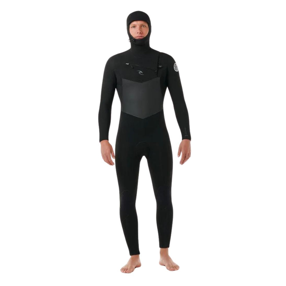 A male model wearing a Rip Curl Dawn Patrol 5/4mm black mens hooded wetsuit with a chest zip feature and yulex rubber.View of front