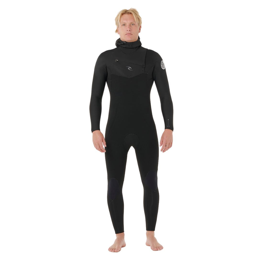 Person wearing a black wetsuit on white background