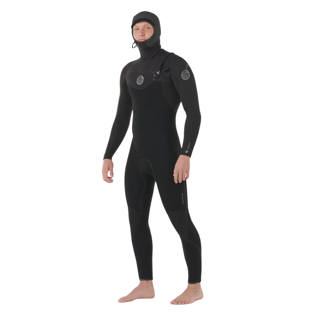 Black wetsuit with a hood on a white background