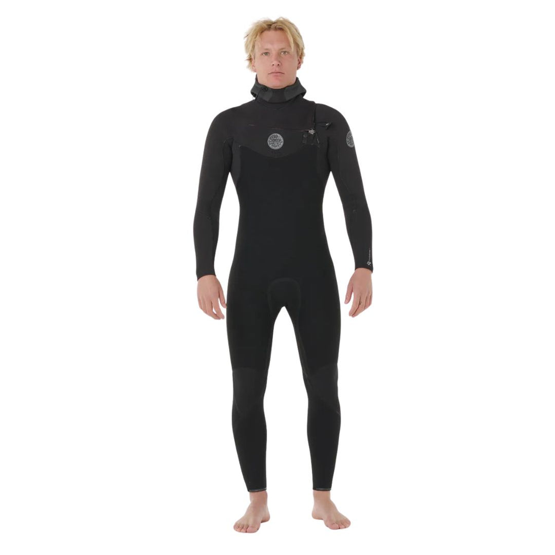 Person wearing a black wetsuit on a white background