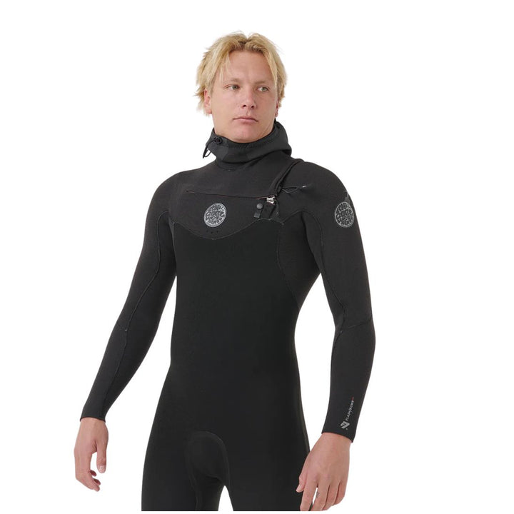 Person wearing a black wetsuit on a white background