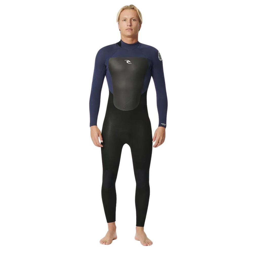 Studio Photo of Rip Curl Mens Omega 4/3mm Back Zip Wetsuit. View of the front.
