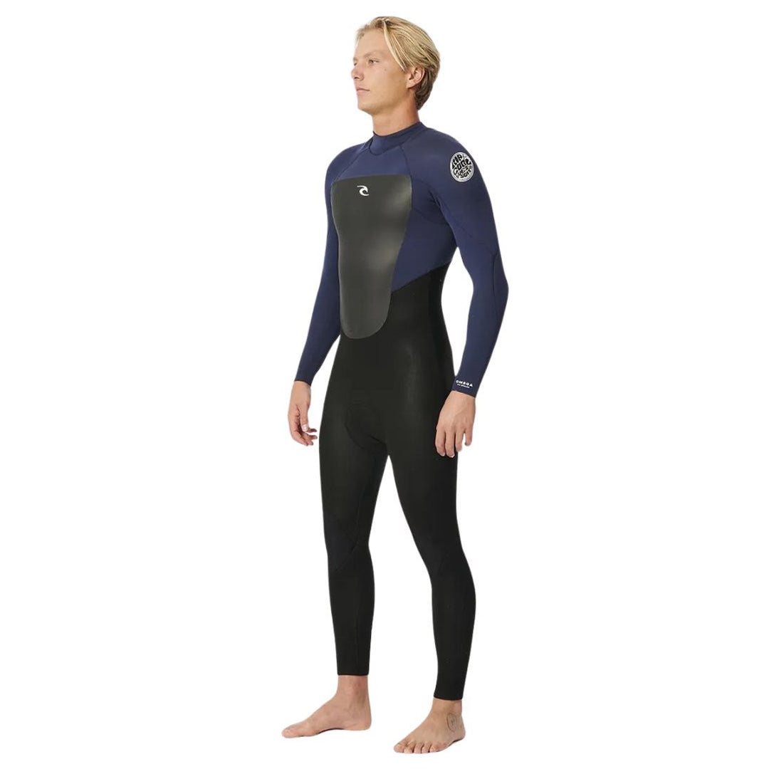 Studio Photo of Rip Curl Mens Omega 4/3mm Back Zip Wetsuit. Side view.