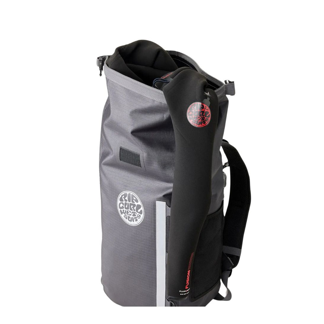 Gray and black backpack with a visible brand logo on a white background