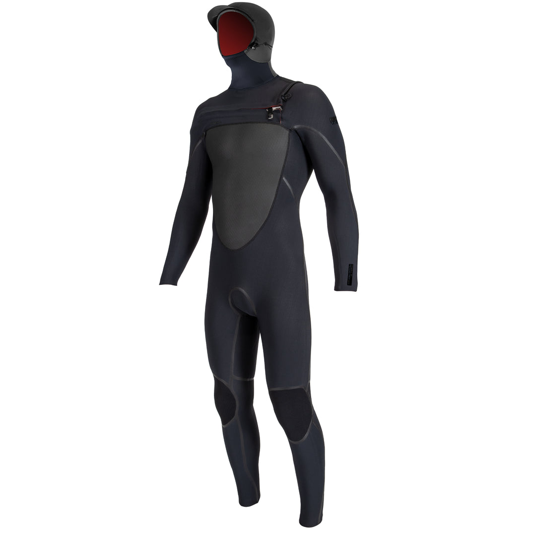 O'Neill Psycho Tech 6/4+mm TB4 Chest Zip Mens Hooded Wetsuit in black with visible brand label at the neck. View of the front