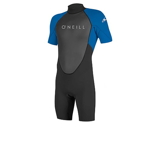 O'Neill Reactor II 2mm black and blue mens shorty wetsuit with O'Neill branding.  Front view.