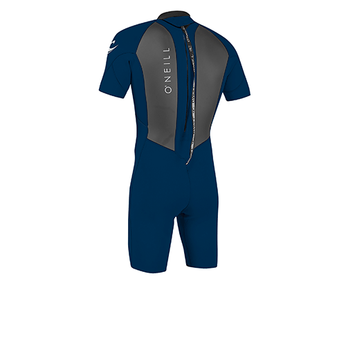 O'Neill Reactor II 2mm Navy and grey mens shorty wetsuit with O'Neill branding.  Back zip view.