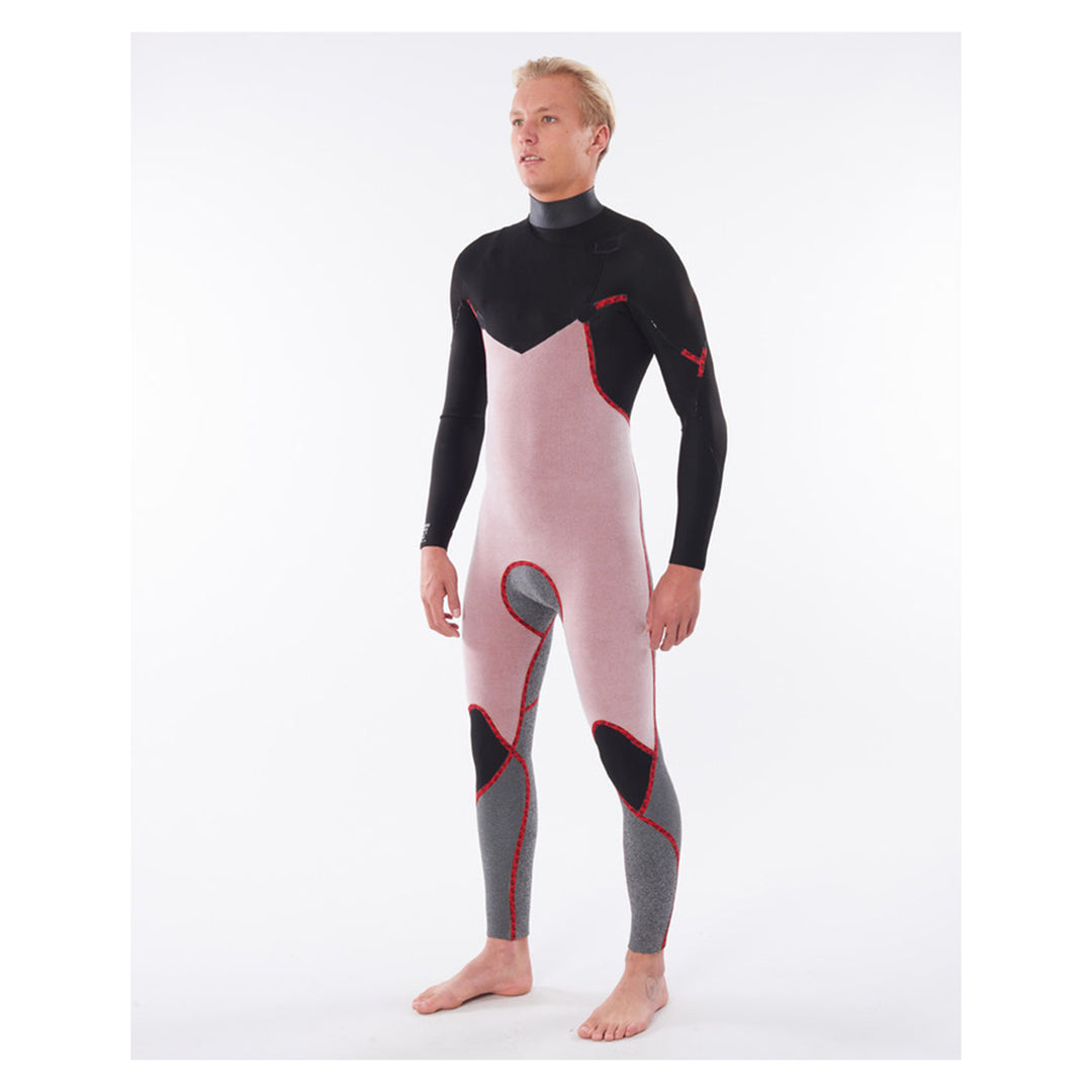 A male model wearing a black mens dawn patrol 5/3mm chest zip wetsuit inside out. View of the front