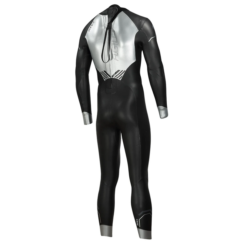 A black Zone3 open water swimming mens wetsuit with white and gray detailing. View of the front.